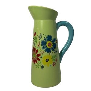 Ceramic Floral Pitcher Flower Vase Decorative Green Teal Blue 8.5” H‎